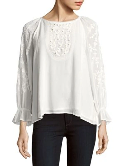 Equipment Metta Jewelneck Embroidered Blouse In Porcelain