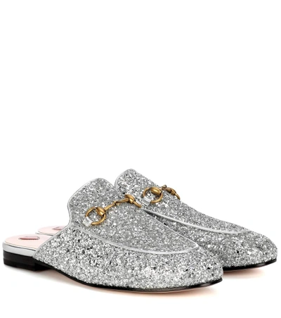 Shop Gucci Princetown Glitter-coated Leather Slippers In Silver