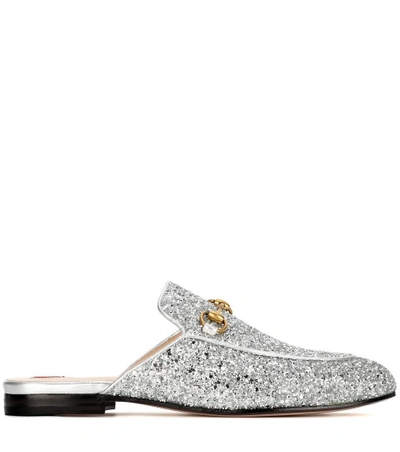 Shop Gucci Princetown Glitter-coated Leather Slippers In Silver