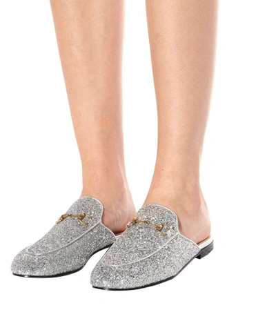 Shop Gucci Princetown Glitter-coated Leather Slippers In Silver