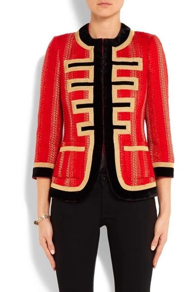 Shop Givenchy Velvet-trimmed Jacket In Red And Gold Tweed