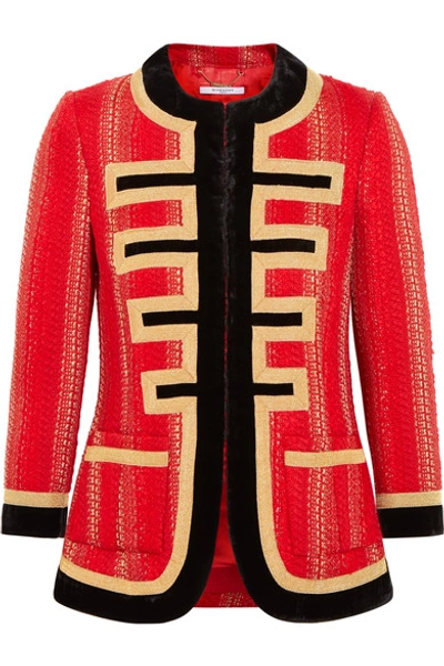 Shop Givenchy Velvet-trimmed Jacket In Red And Gold Tweed