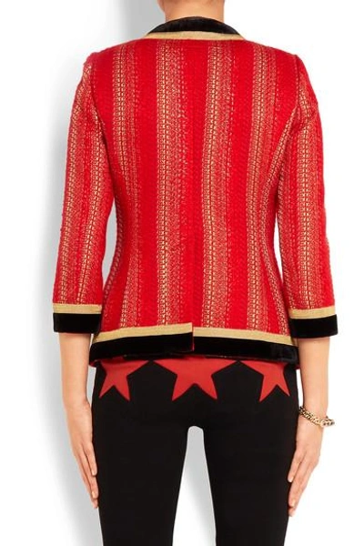 Shop Givenchy Velvet-trimmed Jacket In Red And Gold Tweed