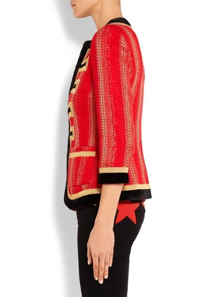 Shop Givenchy Velvet-trimmed Jacket In Red And Gold Tweed