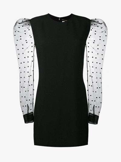 Shop Saint Laurent Mini Dress With Heart Print Mesh Sleeves In Black