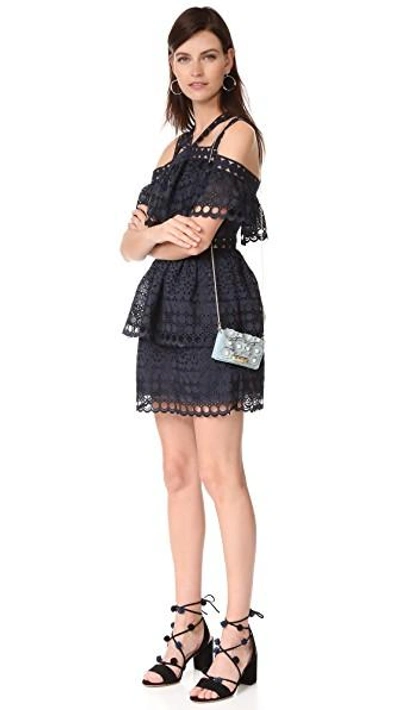 Shop Self-portrait Embroidered Tiered Mini Dress In Navy