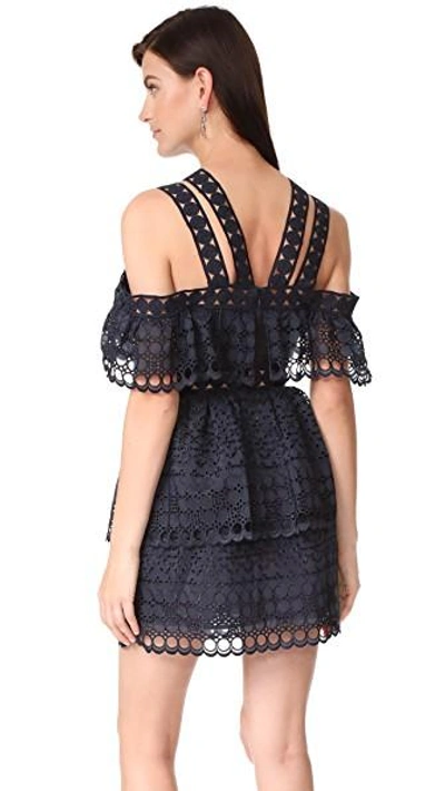 Shop Self-portrait Embroidered Tiered Mini Dress In Navy