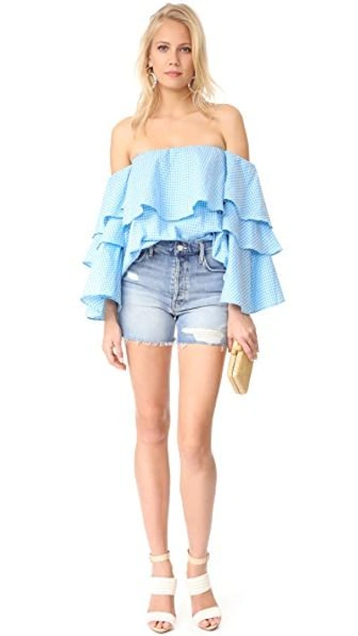 Shop Mlm Label Mesa Shoulder Top In Turquoise Gingham