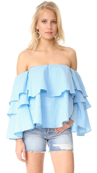 Mlm Label Mesa Shoulder Top In Turquoise Gingham