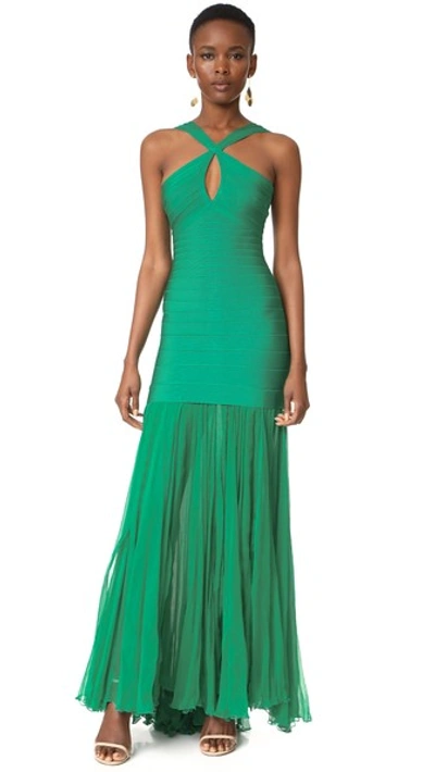 Herve Leger Sarina Gown In Peacock Green