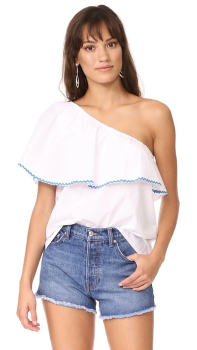 Mlm Label Henri One Shoulder Top In White With Turquoise Trim