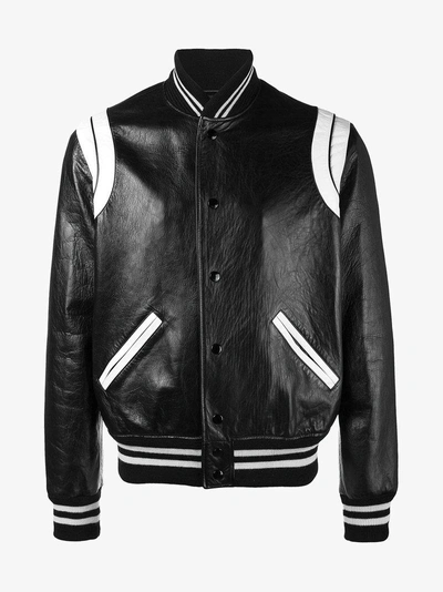 Shop Saint Laurent Stripe Leather Varsity Jacket In Black
