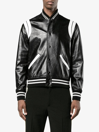 Shop Saint Laurent Stripe Leather Varsity Jacket In Black