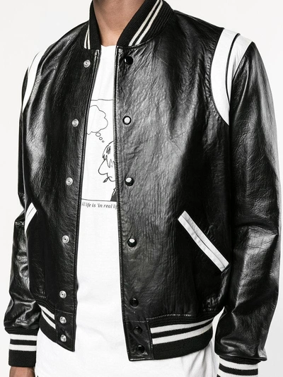 Shop Saint Laurent Stripe Leather Varsity Jacket In Black