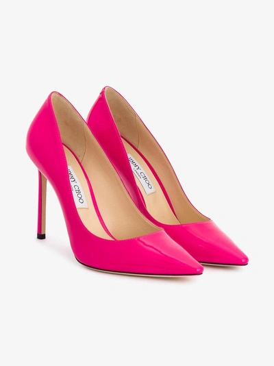 Shop Jimmy Choo Hot Pink Romy 100 Patent Leather Pumps In Pink/purple