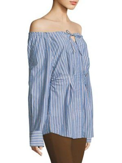 Shop Tibi Garcon Stripe Shirred Off-the-shoulder Top In Blue Red Multi