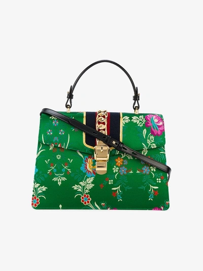 Shop Gucci Green Floral Sylvie Satin Tote Bag