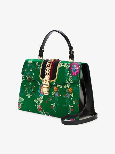 Shop Gucci Green Floral Sylvie Satin Tote Bag