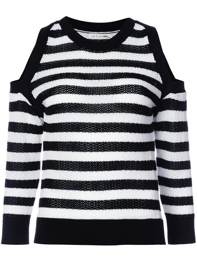Rag & Bone Woman Cold-shoulder Striped Open-knit Cotton Sweater Black In Black-white
