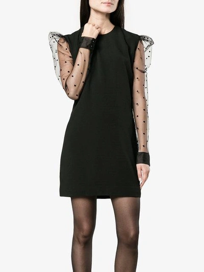 Shop Saint Laurent Mini Dress With Heart Print Mesh Sleeves In Black