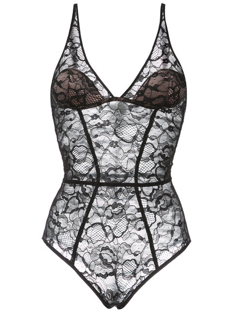 Fleur Du Mal Chat Noir Lace Plunge Bodysuit In Black Modesens
