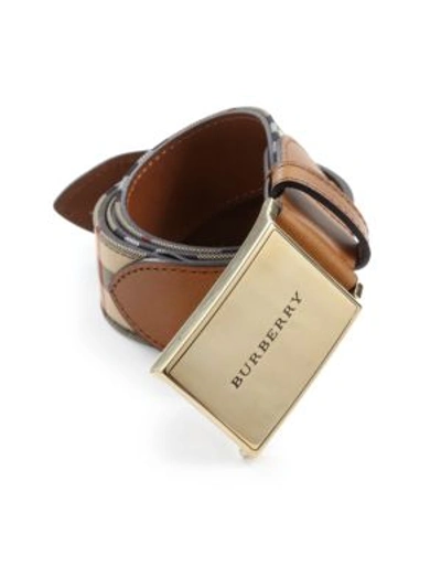 Shop Burberry Leather-trimmed Plaid Belt In Tan-multi