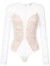 Fleur Du Mal Chat Noir Lace Long Sleeve Bodysuit In White. In Snow