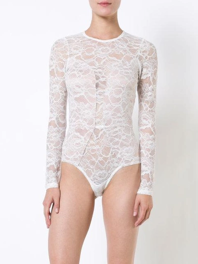 Shop Fleur Du Mal Lace Longsleeved Bodysuit  In White