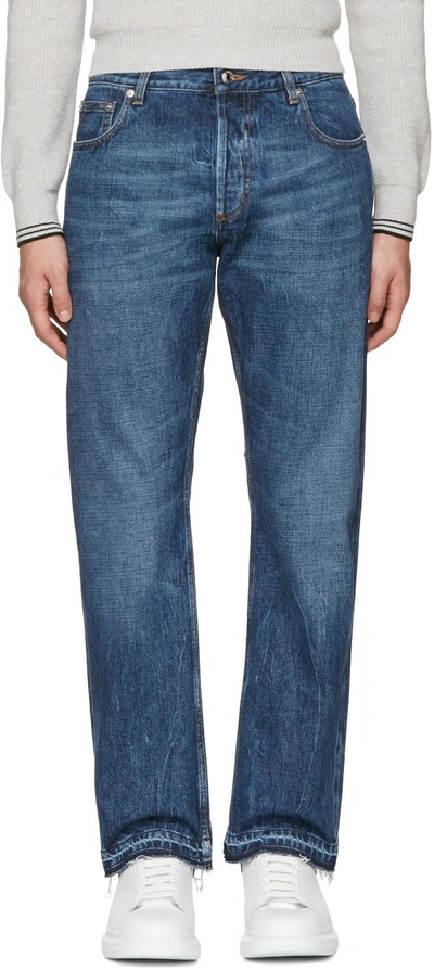 Shop Alexander Mcqueen Indigo Slit Hem Jeans In 4001 - Indigo Stonew