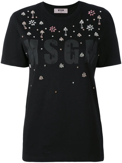 Msgm Embellished Logo Print T-shirt In Nero|metallico