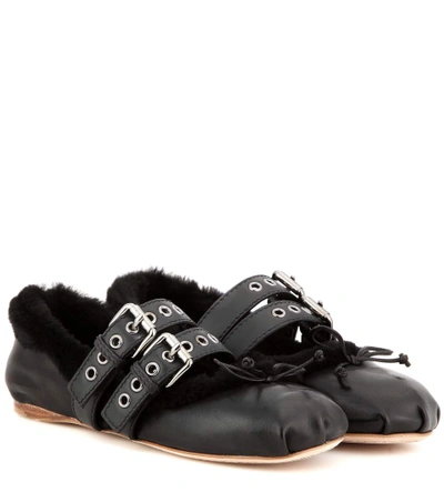 Shop Miu Miu Shearling-lined Leather Ballerinas In Black