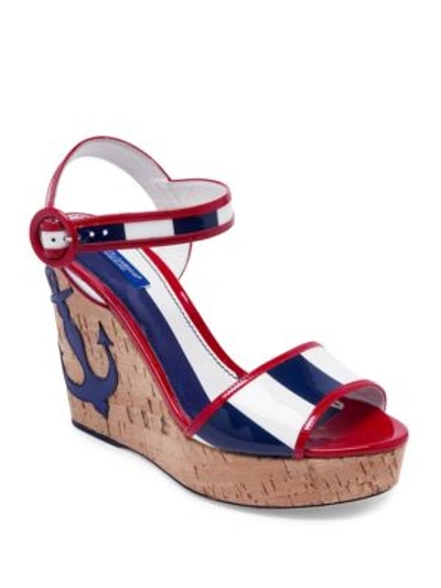 Shop Dolce & Gabbana Anchor Patent Leather Cork Wedge Sandals In Multicolor