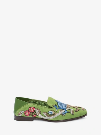 Alexander Mcqueen Embroidered Suede Fold-down Loafer, Green
