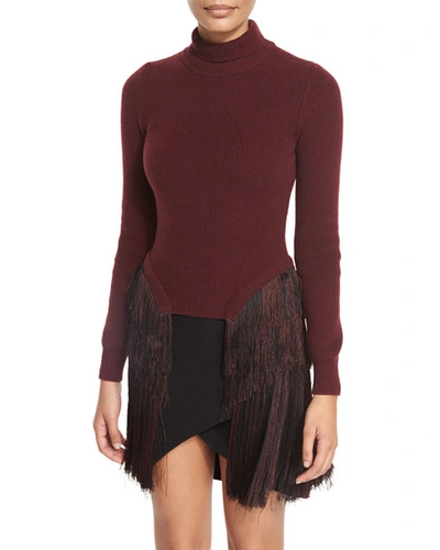 Mugler Turtleneck Sweater W/fringed Sides, Burgundy