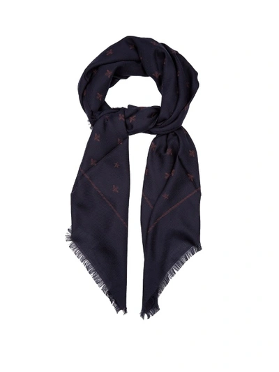 Gucci Wool And Silk-blend Bees And Star-print Scarf In Navy