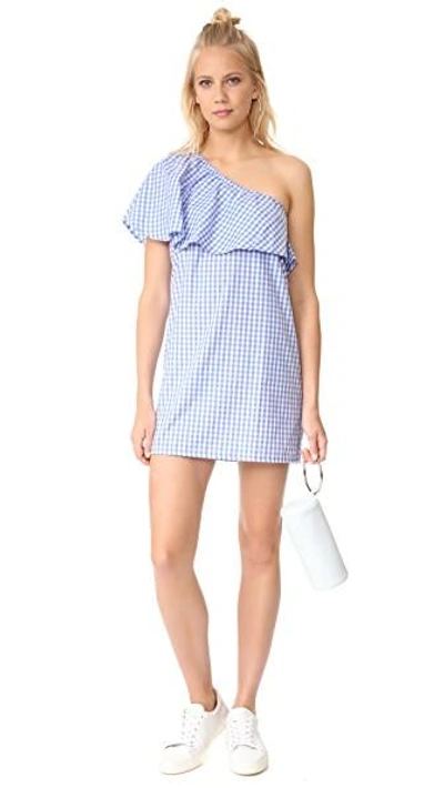 Shop Mlm Label Henri Frill Shoulder Dress In Blue/white Gingham