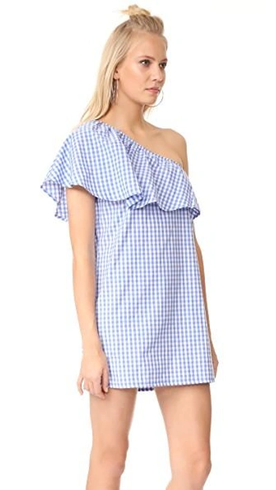 Shop Mlm Label Henri Frill Shoulder Dress In Blue/white Gingham