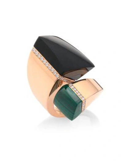 Shop Roberto Coin Sauvage Privé Diamond, Black Jade & Malachite Bypass Ring In Rose Gold