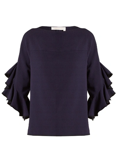 See By Chloé Boat-neck Ruffle-trimmed Crepe Top In Navy