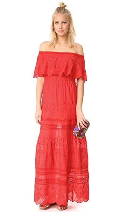 Shop Alice And Olivia Pansy Embroidered Off Shoulder Boho Dress In Poppy