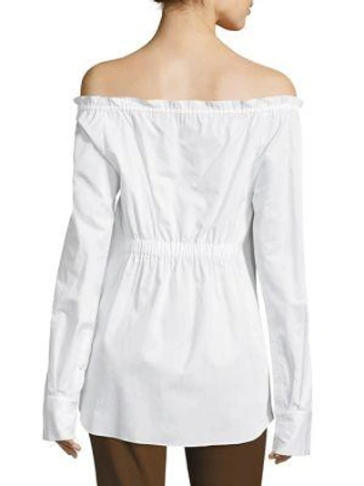 Shop Tibi Ruched Off-the-shoulder Shirt In White