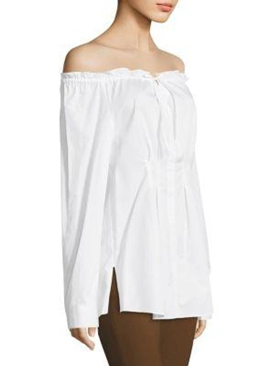 Shop Tibi Ruched Off-the-shoulder Shirt In White
