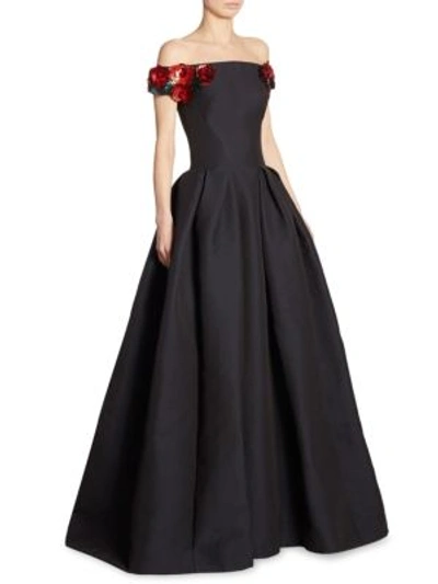 Zac Posen Off-the-shoulder Gown With Floral Embellishments, Midnight