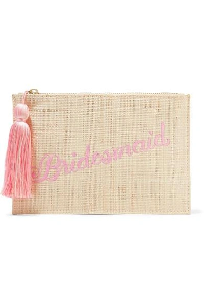 Shop Kayu Bridesmaid Embroidered Woven Straw Pouch In Sand