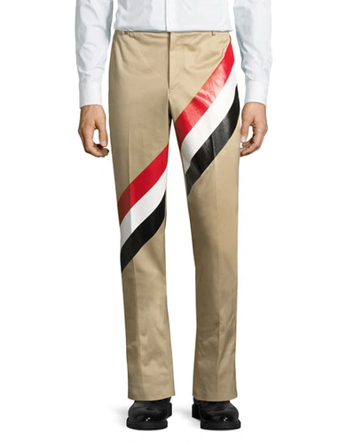 Thom Browne Diagonal-stripe Cotton Pants, Khaki