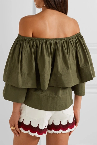 Shop Apiece Apart Neroli Off-the-shoulder Ruffled Cotton-poplin Top In Green