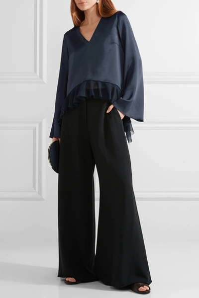 Shop Elizabeth And James Heath Ribbed Knit-trimmed Satin-crepe Blouse In Midnight Blue