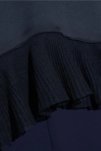 Shop Elizabeth And James Heath Ribbed Knit-trimmed Satin-crepe Blouse In Midnight Blue