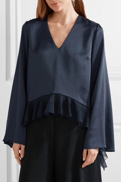 Shop Elizabeth And James Heath Ribbed Knit-trimmed Satin-crepe Blouse In Midnight Blue