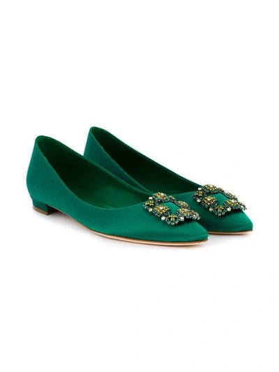 Shop Manolo Blahnik Green Hangisi Buckle Satin Pumps